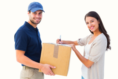 Happy delivery man with customer on white background